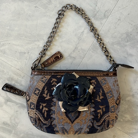 Sharif  Tapestry Satchel  navy/gold expanding bottom   velvety    gunmetal  NWOT - Picture 6 of 17